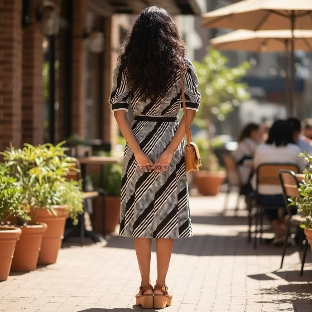 Vintage Brown & White Striped Midi Dress | Handmade 1980s Elastic Waist - Picture 11 of 16